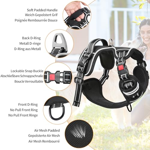 HEELE Hundegeschirr, Brustgeschirre für Hunde, Laufgeschirre Hund mit abschließbarem Schnappverschluss, einstellbare reflektierende Hundegeschirre, Offen am Hals, Anti Zug Dog Harness, Schwarz, L