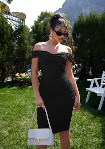 GOBLES Women's Sexy Off The Shoulder Twist Wrap Short Sleeve Ruched Bodycon Midi Party Dress4