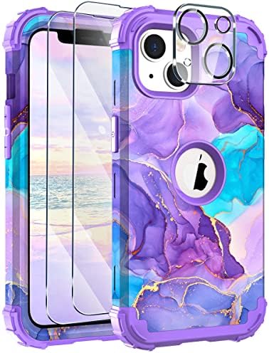 Hocase for iPhone 13 Case, with 2pcs Screen Protectors and 1pc Camera Protector, Shockproof Heavy Duty Soft Silicone Rubber+Hard PC Hybrid Protective Case for iPhone 13 (6.1") 2021 - Purple Meets Blue