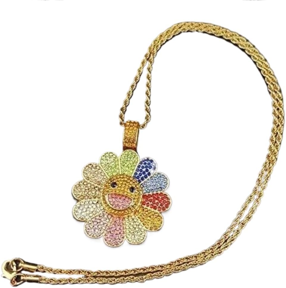 Sunflower Smiley Face Hip Hop Necklace Murakami,Spinning Takashi Necklace,Colorful Petal Smiley Face(Spin Petal)