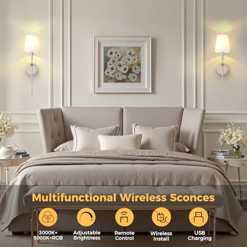 Image of DORESshop Battery Operated Wall Sconce Set of 2, Wireless Wall Light Easy to Install, 7 Color Rechargeable Wall Sconces, Sconce Wall Decor Set of 2 for Bedroom, Living Room, Silver, 24.3in