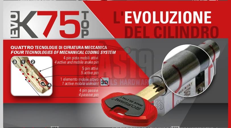 CILINDRO DI ALTISSIMA SICUREZZA SECUREMME K75 CODOLO RASABILE MM.60