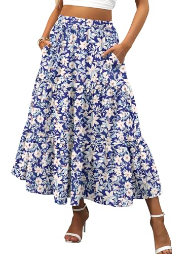Image of ANRABESS Women's Summer Boho Flowy Swing Tiered A-Line Maxi Skirt 2026 Fashion Trendy Elastic Waist Pleated Long Beach Dress