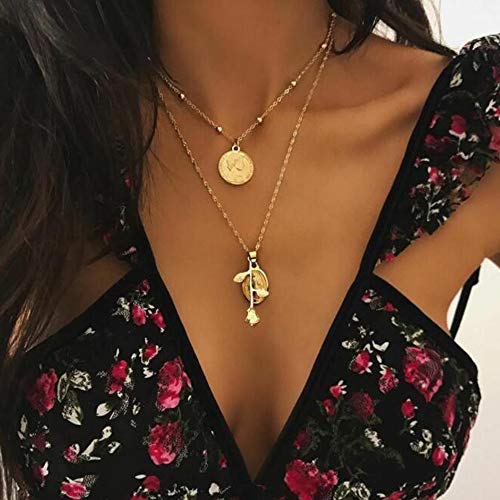 Chargances Women Gold Necklace with Rose Pendant Coin Collar Choker Boho Gold Laying Jewelry for Women Gift for Women and Girls