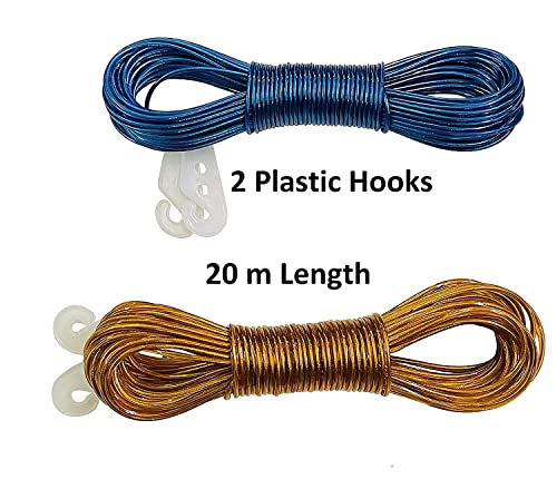 Image of Sakoraware 20 Meter Cloth Drying Ropes PVC Coated Steel Anti-Rust Wire for Dry Clothes with Hook | Portable for Travel Heavy Duty Plastic Skipping Rope Clothesline (Set of 2, Multicolor)