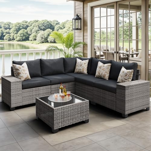 JOIVI 6 Piece Outdoor Patio Furniture Set - Wicker Sofa with Coffee Table, Powder-Coated Frame & Handwoven PE Rattan for All-Weather Durability, Ideal for Parties