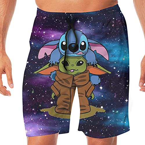 Ba-by Yo-da and Stitch Swim Trunks Quick Dry Swimming Beach Shorts for Men Sportwear XL White