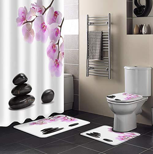 Minyose Orchidee Schwarz Stein Rosa Blume Weiß Duschvorhang Teppichabdeckung Toilettenbezug Badmatte Pad Set Bad Vorhang…