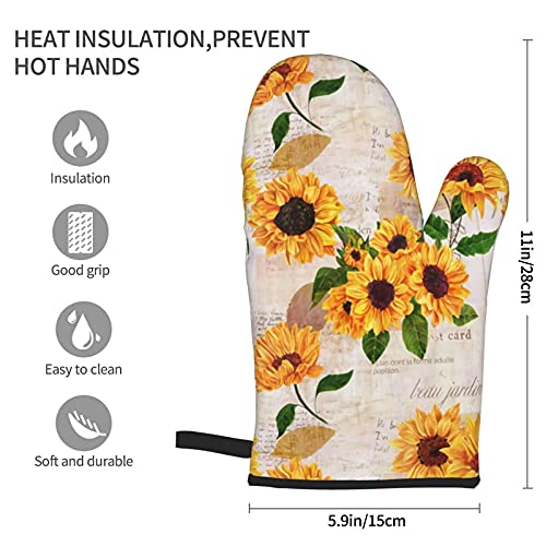 Vintage Yellow Sunflower Floral Oven Mitts, Heat Resistant Non-Slip Waterproof With Soft Cotton Lining Gloves For Kitchen Cooking Baking Bbq(2Pcs) #TOP1