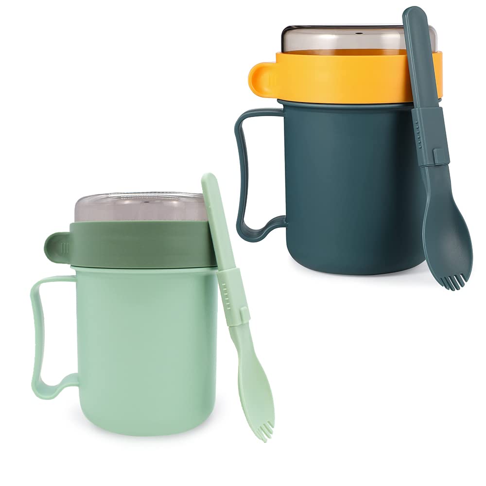 2PCS Soup Mug with Lid, Microwavable Soup Bowls with Handles, 2 Colors Soup Cups with Spoon, Soup Containers with lids for Home Office School Outdoor Travel Picnic