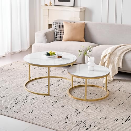 GrandCA HOME Ensemble de 2 Tables Basses Rondes, Tables Gigognes de Salon Modernes, Structure en Métal Doré, 50 cm et 70 cm, en Marbre Blanc et Pierre Frittée