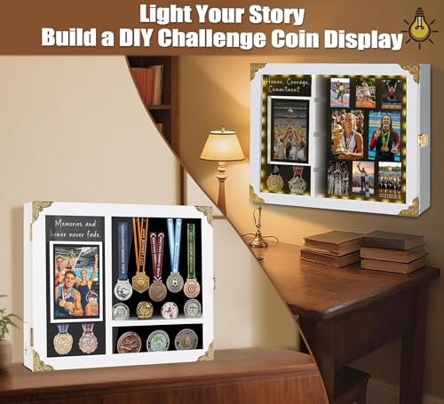 Image of Medal Display Case for Athletes, Lighted Shadow Box with Photo Frame , Wall Mount Display Holder with Removable Shelves for Medals, Challenge Coins, Memorial Gift for Achievement, Collectors, White