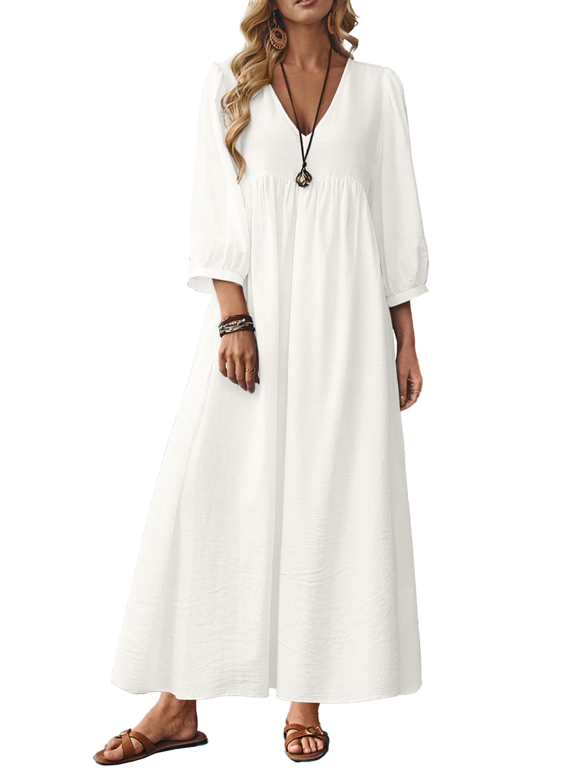 Celmia Autumn Solid Loose Long Maxi Dress Cotton Caftan