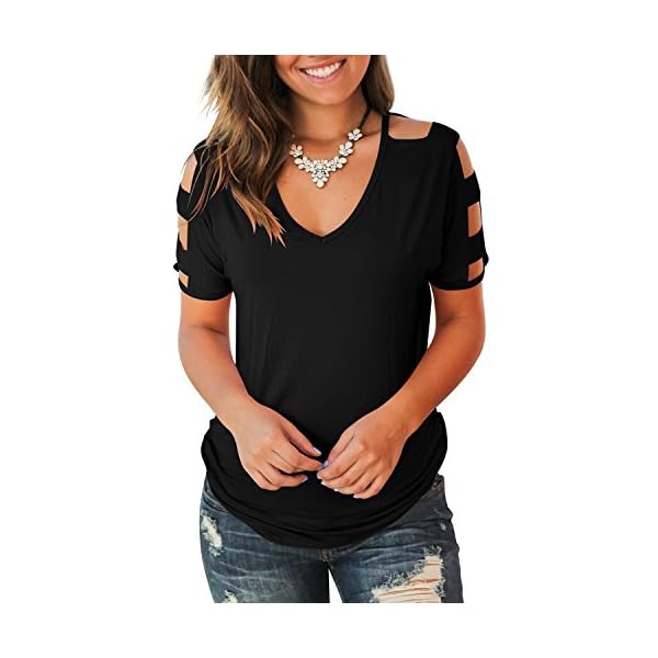 Jescakoo Women's T Shirts Solid Color Deep V Neck Tops Loose fit Blouses Black L