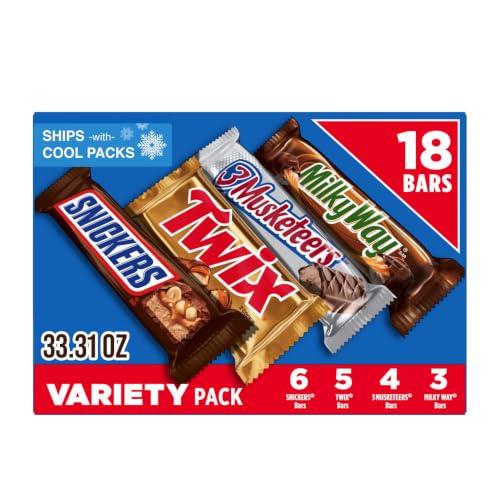 SNICKERS, TWIX, MILKY WAY & 3 MUSKETEERS Individually Wrapped Variety Pack Full Size Milk Chocolate Candy Bars Bulk Assortment, 33.31 oz, 18 Bars