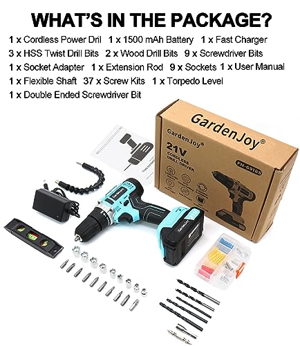 Gardenjoy Cordless Power Drill Set - 21V Electric Drill Driver Kit With Battery And Fast Charger, 65Pcs Acessories, 2 Variable Speed Control, 3/8-Inch Keyless Chuck And 24+1 Torque Setting thumb #8