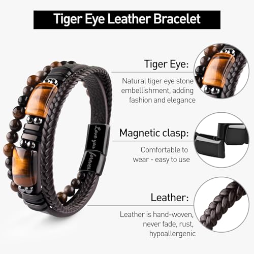 Leather Bracelets for Men Natural Tiger Eye Black Obsidian Healing Crystal Beaded Bracelets Set Birthday Christmas Anniversary Gifts for Dad Son Grandson Man Boyfriend Brother3