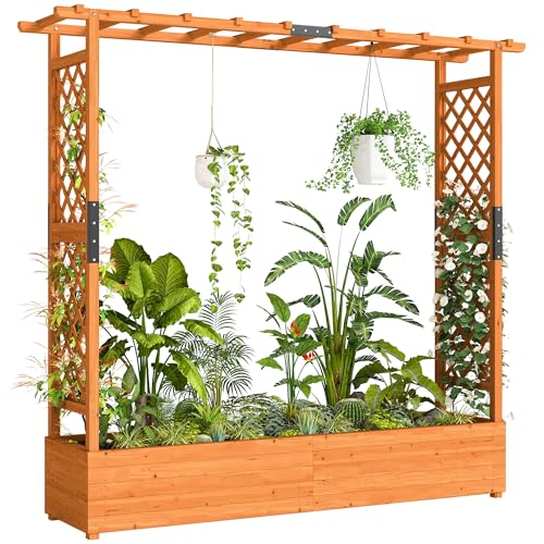Outsunny Hochbeet mit Rankgitter & hängendem Dach, Holz Blumenkasten mit Rankhilfe Ablauflöchern, Pflanzkasten für Kletterpflanzen & hängende Körbe Pflanzkübel für Garten Balkon 196 x 44 x 181 cm