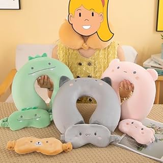 MissSoul Kids Neck Pillow for Travel with Sleep Eye Mask, Cute Travel Neck Pillow, Memory Foam Flight Sleeping Headrest Pillow for Boys & Girls, Airplane, Train, Car, Home Use - Grey Cat