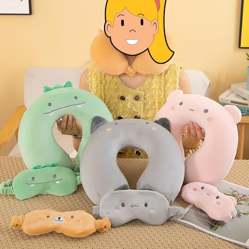 MissSoul Kids Neck Pillow for Travel with Sleep Eye Mask, Cute Travel Neck Pillow, Memory Foam Flight Sleeping Headrest Pillow for Boys & Girls, Airplane, Train, Car, Home Use - Green Dinosaur