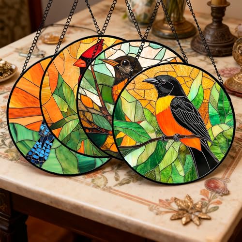 Image of DASTOLL Stained Glass Window Hanging 4 Pcs Set Birds 9.8 inch - Cardinal Blue Jay Suncatcher Door Garden Sun Catcher Decor Birthday Christmas for Bird Lovers Mom Woman Nana Men