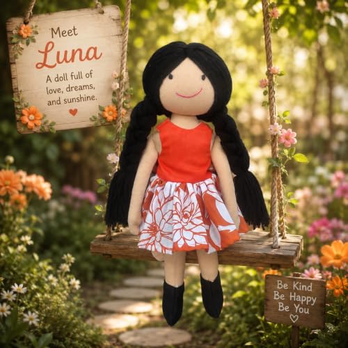 Image of Handcrafted Indian Rag Doll Set, Stitch Soft Toy Doll for Kids, Soft Cotton Fabric Yarn Cloth Doll, Traditional South Indian Soft Toys for Kids Room Decor (Orange, Floral)
