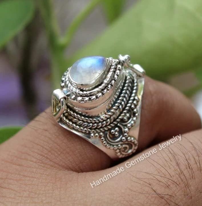 Natural Rainbow Moonstone Ring, Poison Box Ring, Teardrop Stone ~ Moonstone Ring, Blue Flash Moonstone Jewelry, June Birthstone Ring, Locket Ring, Antique Poison Ring, Secret Ring, Compartment Ring