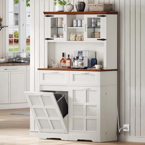 DWVO Kitchen Pantry Cabinet, 70" Tall Farmhouse Freestanding Kitchen Storage Cabinets with 10 Gallon Tilt-Out Trash Can Cabinet,2 Drawers, Microwave Coffee Bar for Living & Dining Room, White Walnut