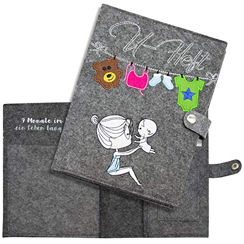 Funda de fieltro para historial médico con compartimentos para el cuaderno de identificación, tarjeta de seguros, cartilla de vacunación y cartilla de embarazo.