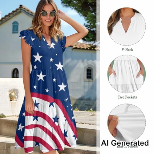 Image of Women's Casual Ruffle Sleeve Dress V Neck Pullover Dress Flowy A-Line Pleated Lightweight Dress with Pockets