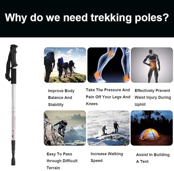 Image of Trekking Poles - Lightweight Adjustable Aluminium Hiking Sticks with Shock Absorber, All-Terrain Tips & Carry Bag (Silver, Pack of 1)