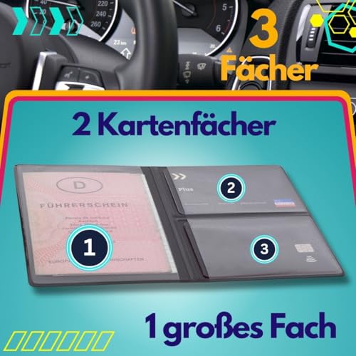 Festland DESIGN® Fahrzeugschein Hülle für KFZ-Schein 3 Fächer, Führerschein Hülle, Ausweishülle, Kartenetui Mappe für Zulassungspapiere, PVC Schutzhülle Zulassungsschein, Auto Zubehör, schwarz