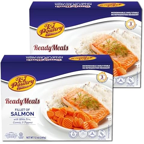 KJ Poultry Kosher Ready Meals - Salmon Fillet Fish, Parve MRE Meal Ready to Eat, Protein Food (2 Pack) Prepared Entree Fully Cooked, Shelf Stable Microwave Dinner, Travel, Military, Camping, Survival Cover