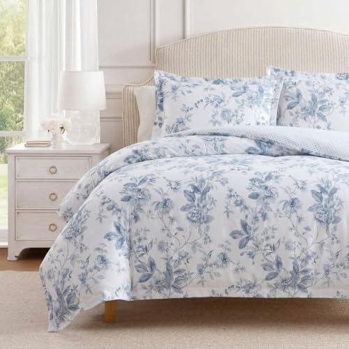 Image of Martha Stewart - King Comforter Set, 100% Silky Smooth Cotton Sateen Floral Bedding for Year Round Comfort, 3 Piece Bed Set with Matching Pillowcases (Songbird Blue)