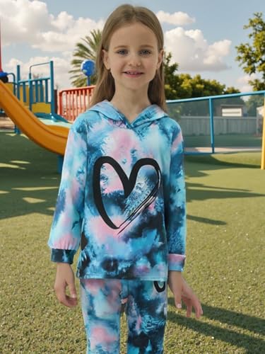Toddler Baby Girls Clothes Long-sleeve Tie Dye Hoodie Pullover and Sweatpants Heart Print Hooded Outfits Set2