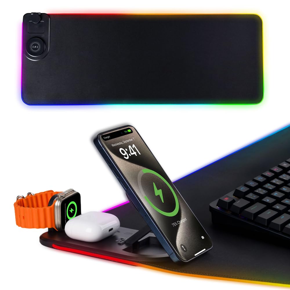 Tappetino per mouse 3 in 1 con ricarica wireless, 80 x 30 cm, RGB con ricarica wireless magnetica, 15 modalità di illuminazione, base antiscivolo, tappetino per tastiera impermeabile, nero