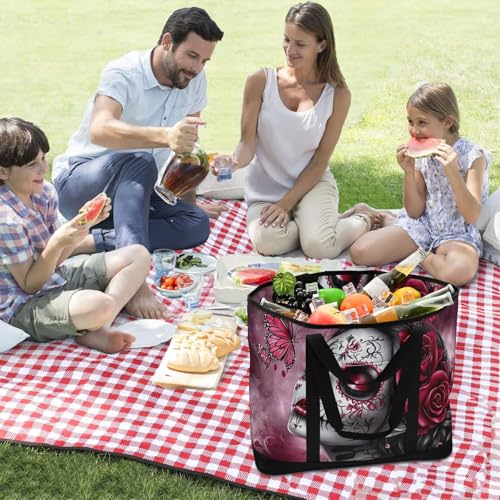 Sugar Skeleton Rose Large Insulated Tote Bag for Grocery Shopping Reusable Tote Bags for Women Men, Cooler Bag with Zippered Top & Handles for Beach Picnic Travel3