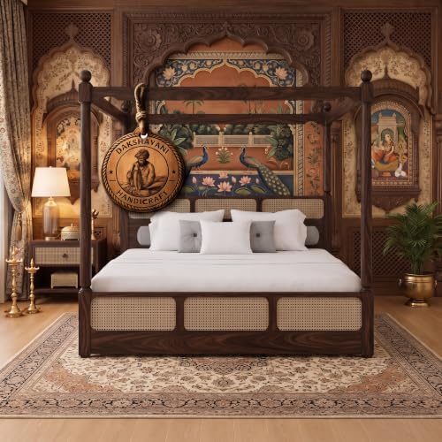 Image of Sheesham Solid Wood Allure Poster Bed for Bedroom | Handmade Wooden Cot | Elegant Four Poster King Size Bed Frame (Walnut, Queen, Allure with Storage(Cane))