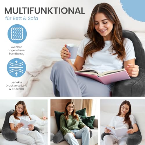 ELONEO Rückenkissen, Lesekissen für Bett und Sofa mit Armlehnen – Ideal als Rückenstütze für mehr Halt und Komfort von Rücken, Kopf und Nacken, Sitzen, 76 × 46 × 40 cm