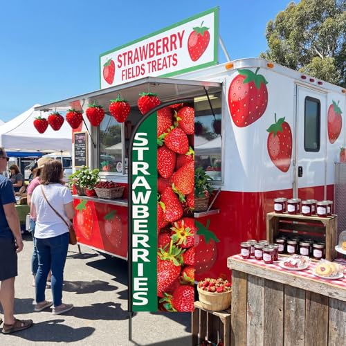 Image of Remagr 2 Pack Strawberries Feather Flag 7 ft Advertising Swooper Flag Sign Windless Strawberries Banner with Pole Kit and Ground Stake for Business Farm Fruit Stand Cart Decor