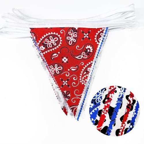 Image of 32Ft Western Cowboy Party Decorations Red Paisley Blue Bandana Pennant Banner Fabric Triangle Flag Garland Streamers for Western Cowboy Birthday Yee Haw Country Rodeo Party Decor Supplies