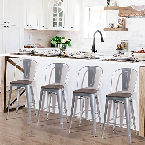 Image of Aklaus Swivel Metal Bar Stools Set of 4 Counter Height Stools Counter Bar Stools with Back Swivel Metal Bar Chairs Wooded Seat 26 Inch Rusty