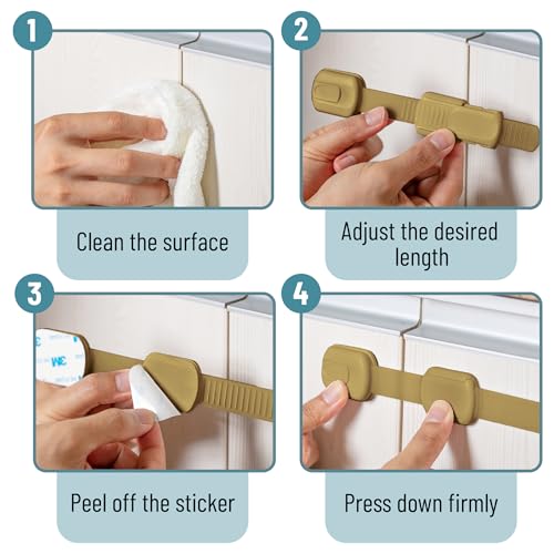 Image of Bate- Child Safety Strap Locks, 6 Pack, Golden Beige, Baby Locks for Cabinets, Drawers, Kitchen, Toilet, Furniture, Fridge, Multi-Purpose, Easy Install with Quick 3M Adhesive for Childproofing