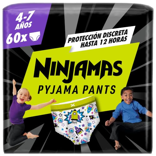DODOT Ninjamas Pañal Branguita para Pijama con Naves Espaciales, 60 Pañales de Pijama, 4-7 Años, 17kg-30kg, Protección contra fugas toda la noche