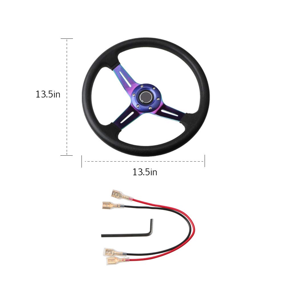 idain Universal Racing Steering Wheel 13.5 inch 345mm 6 Bolts Grip with Vinyl Leather,3 Aluminum Spokes with ABS Horn Button (Neo Chrome)