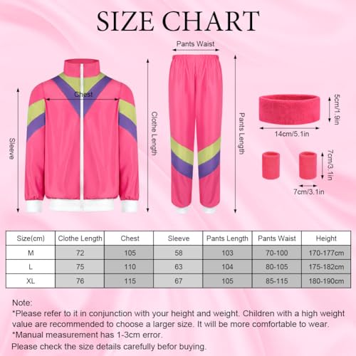 Aomig 90er 80er Jahre Kostüm Erwachsene, Retro Trainingsanzug für Männer Frauen, Disco Ganzkörperanzug, Partner Outfit Jacke und Hose 80er Party Bad Taste für Mottoparty Karneval(Rosarot-L)
