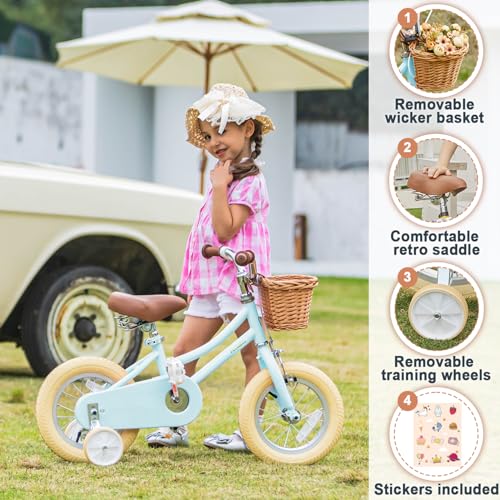 Image of Petimini Girls Bike with Basket for 2-12 Years Old Kids, 12 14 16 18 20 Inch Bicycle with Bell Training Wheels Basket, Multiple Colors