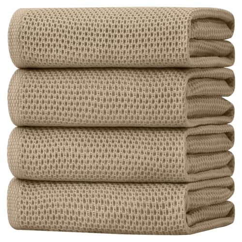 Image of Homaxy 100% Cotton Waffle Weave Kitchen Dish Towels, Ultra Soft Absorbent Quick Drying Cleaning Towel, 20x28 Inches, 4-Pack, Tan
