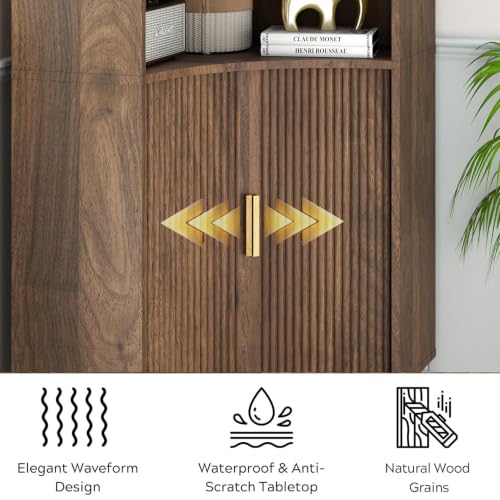 Image of Fluted Corner Cabinet with Open Storage, Modern Floor Cabinets with Sliding Doors and 2-Tier Shelves, Freestanding Narrow Organizer for Small Space,Living Room, Dining Room,Walnut