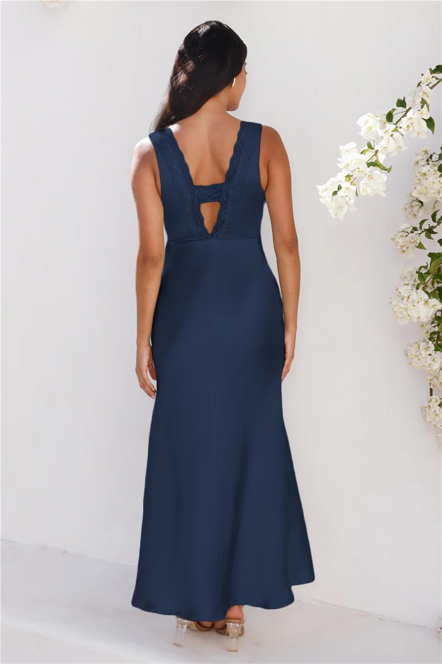 BAGONE Summer Satin Lace V Neck Backless Wedding Guest Maxi Dresses for Women Elegant Sleeveless Open Back Cocktail Dress - Image 5